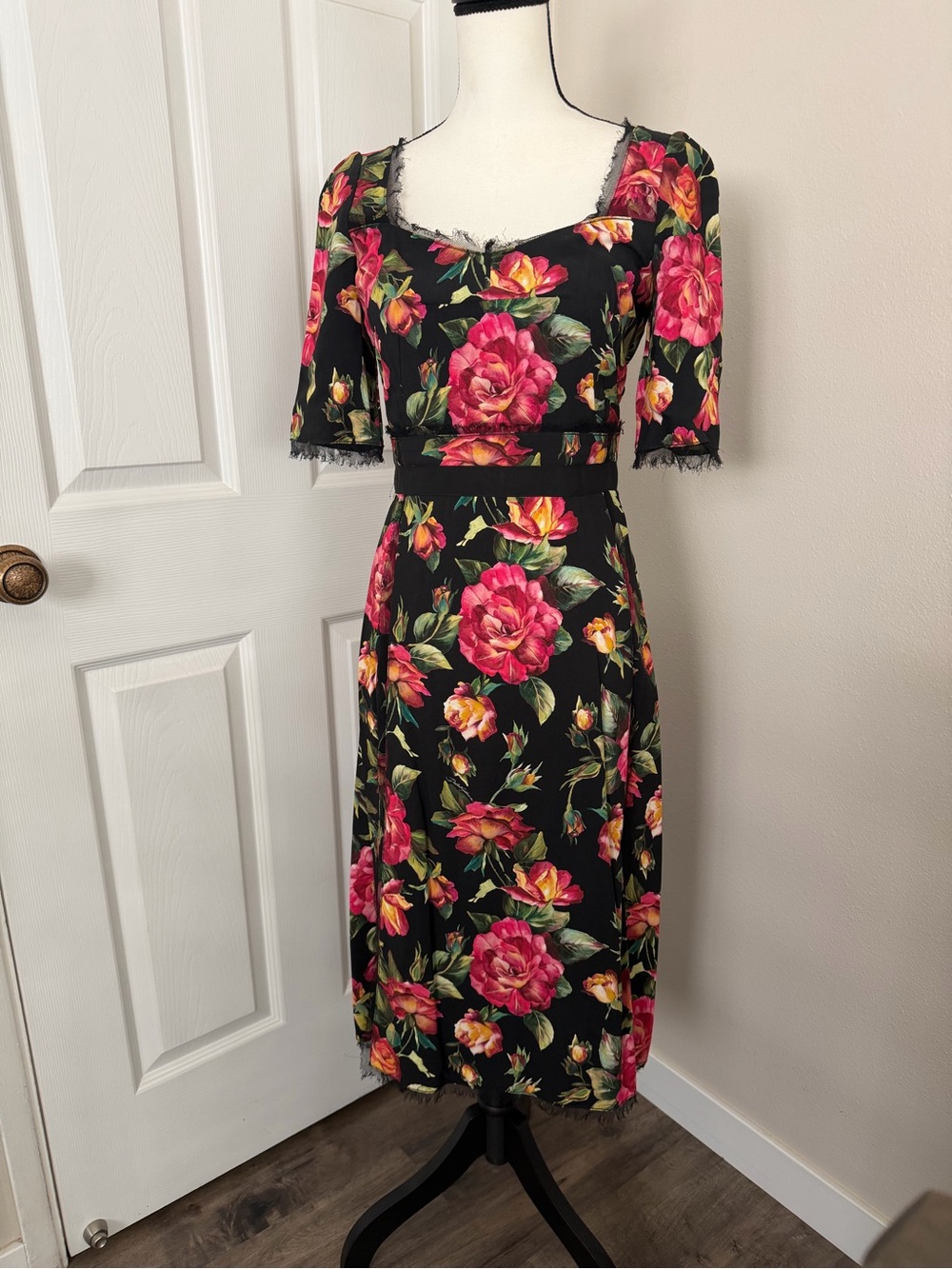 Dolce and Gabbana Floral Midi Dress with Pink Rose Print